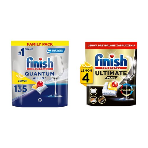 Kapsułki do zmywarek FINISH Powerball Quantum Lemon - 135 szt. + Kapsułki do zmywarek FINISH Powerball Ultimate Plus All In 1 Lemon - 4 szt.
