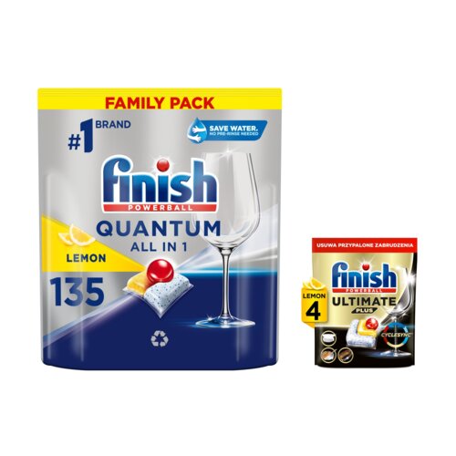 Kapsułki do zmywarek FINISH Powerball Quantum Lemon - 135 szt. + Kapsułki do zmywarek FINISH Powerball Ultimate Plus All In 1 Lemon - 4 szt.