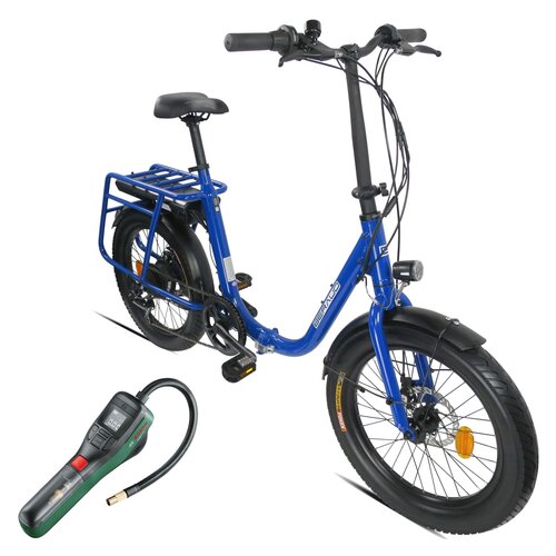 Rower elektryczny INDIANA NEO E1000 D20 20 cali Niebieski + Pompka rowerowa BOSCH EasyPump 0603947000