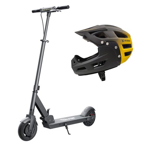 Hulajnoga elektryczna MOTUS Siver City 20km 250W 8" Czarny + Kask rowerowy XRIDER XR00KFH01 Czarno-żółty MTB (rozmiar S)