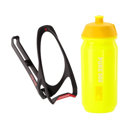 Koszyk na bidon KROSS Pro One Czarno-czerwony + Bidon KROSS Pure 500ml Żółty