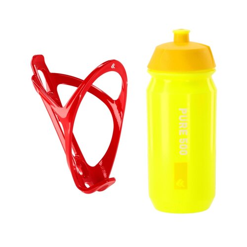Koszyk na bidon KROSS Pro Czerwony + Bidon KROSS Pure 500ml Żółty