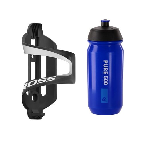 Koszyk na bidon KROSS Sport Sidepull Czarno-biały + Bidon KROSS Pure 500ml Niebieski