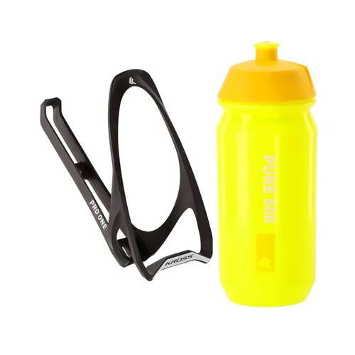 Koszyk na bidon KROSS Pro One Czarno-biały + Bidon KROSS Pure 500ml Żółty