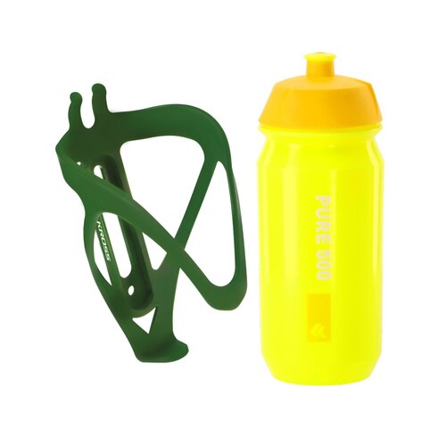 Koszyk na bidon KROSS Grid 2.0 Ciemnozielony + Bidon KROSS Pure 500ml Żółty