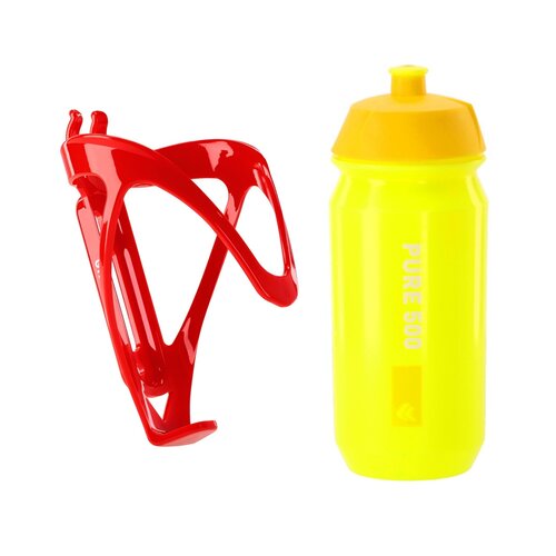 Koszyk na bidon KROSS Grid Czerwony + Bidon KROSS Pure 500ml Żółty