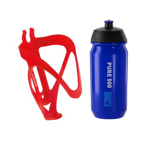 Koszyk na bidon KROSS Grid 2.0 Czerwony + Bidon KROSS Pure 500ml Niebieski