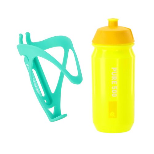 Koszyk na bidon KROSS Grid 2.0 Turkusowy + Bidon KROSS Pure 500ml Żółty