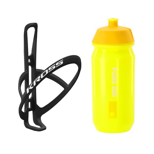 Koszyk na bidon KROSS Race Pro Czarno-biały + Bidon KROSS Pure 500ml Żółty