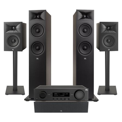 Amplituner JBL MA310 Czarny + Kolumny głośnikowe JBL Stage 2 260F Czarny (2 szt.) + Kolumna głośnikowa JBL Stage 2 240 B Czarny (2 szt.) + Głośnik centralny JBL Stage 2 245C Czarny (1 szt.) + Stojaki do głośników JBL Stage FS Czarny (2 szt.)