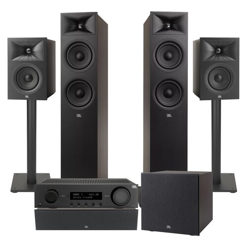 Amplituner JBL MA310 + Kolumny głośnikowe JBL Stage 2 260F (2 szt.) + Kolumna głośnikowa JBL Stage 2 240 B (2 szt.) + Głośnik centralny JBL Stage 2 245C (1 szt.) + Subwoofer JBL Stage 2 200 P + Stojaki do głośników JBL Stage FS (2 szt.) Czarny