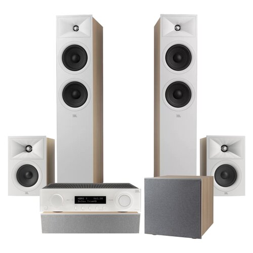 Amplituner JBL MA310 Biały + Kolumny głośnikowe JBL Stage 2 260F Biały (2 szt.) + Kolumna głośnikowa JBL Stage 2 240 B Biały (2 szt.) + Głośnik centralny JBL Stage 2 245C Biały (1 szt.) + Subwoofer JBL Stage 2 200 P Biały