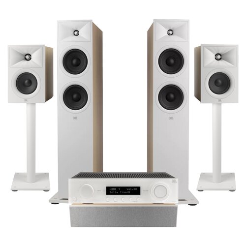 Amplituner JBL MA310 Biały + Kolumny głośnikowe JBL Stage 2 260F Biały (2 szt.) + Kolumna głośnikowa JBL Stage 2 240 B Biały (2 szt.) + Głośnik centralny JBL Stage 2 245C Biały (1 szt.) + Stojaki do głośników JBL Stage FS Biały (2 szt.)
