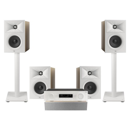 Amplituner JBL MA310 Biały + Kolumna głośnikowa JBL Stage 2 240 B Biały (4 szt.) + Głośnik centralny JBL Stage 2 245C Biały (1 szt.) + Stojaki do głośników JBL Stage FS Biały (2 szt.)