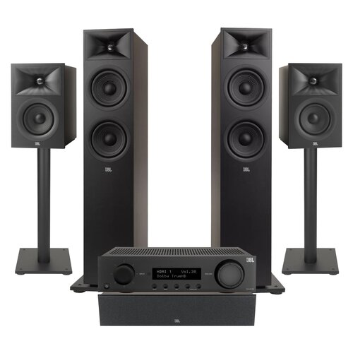Amplituner JBL MA510 Czarny + Kolumny głośnikowe JBL Stage 2 260F Czarny (2 szt.) + Kolumna głośnikowa JBL Stage 2 240 B Czarny (2 szt.) + Głośnik centralny JBL Stage 2 245C Czarny (1 szt.) + Stojaki do głośników JBL Stage FS Czarny (2 szt.)