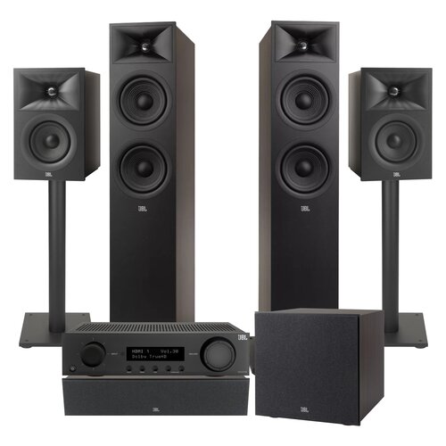 Amplituner JBL MA510 + Kolumny głośnikowe JBL Stage 2 260F (2 szt.) + Kolumna głośnikowa JBL Stage 2 240 B (2 szt.) + Głośnik centralny JBL Stage 2 245C (1 szt.) + Subwoofer JBL Stage 2 200 P + Stojaki do głośników JBL Stage FS (2 szt.) Czarny