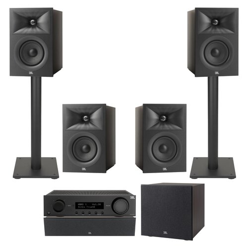 Amplituner JBL MA510 Czarny + Kolumna głośnikowa JBL Stage 2 240 B Czarny (4 szt.) + Głośnik centralny JBL Stage 2 245C Czarny (1 szt.) + Subwoofer JBL Stage 2 200 P Czarny + Stojaki do głośników JBL Stage FS Czarny (2 szt.)