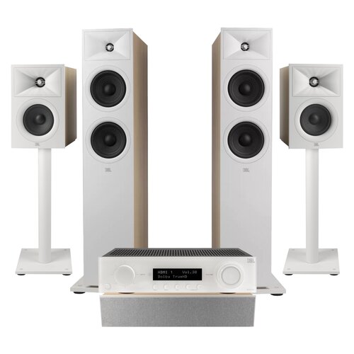 Amplituner JBL MA510 Biały + Kolumny głośnikowe JBL Stage 2 260F Biały (2 szt.) + Kolumna głośnikowa JBL Stage 2 240 B Biały (2 szt.) + Głośnik centralny JBL Stage 2 245C Biały (1 szt.) + Stojaki do głośników JBL Stage FS Biały (2 szt.)