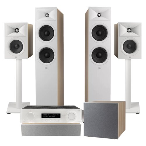 Amplituner JBL MA510 + Kolumny głośnikowe JBL Stage 2 260F (2 szt.) + Kolumna głośnikowa JBL Stage 2 240 B (2 szt.) + Głośnik centralny JBL Stage 2 245C (1 szt.) + Subwoofer JBL Stage 2 200 P + Stojaki do głośników JBL Stage FS (2 szt.) Biały