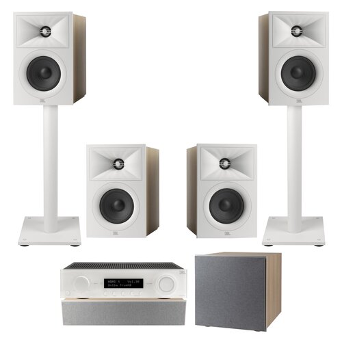 Amplituner JBL MA510 Biały + Kolumna głośnikowa JBL Stage 2 240 B Biały (4 szt.) + Głośnik centralny JBL Stage 2 245C Biały (1 szt.) + Subwoofer JBL Stage 2 200 P Biały + Stojaki do głośników JBL Stage FS Biały (2 szt.)