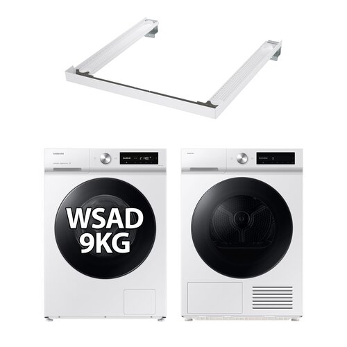 Pralka SAMSUNG BESPOKE WW90DB7U34GWU4 9kg 1400 obr AI EcoBubble Energy Mode + Suszarka SAMSUNG BESPOKE AI DV90DB7845GWU4 z pompą ciepła + Łącznik SAMSUNG SKK-SSW Biały