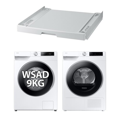 Pralka SAMSUNG WW90DG6U25LEU4 AI Control EcoBubble 9kg 1400 obr + Suszarka SAMSUNG AI DV90DG6845LEU4 z pompą ciepła + Łącznik SAMSUNG SKK-UDW
