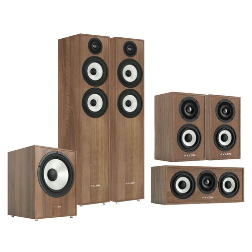 Kolumna głośnikowa PYLON AUDIO Pearl 25 Orzech (2 szt.) + Kolumny głośnikowe PYLON AUDIO Pearl Sat Orzech (2 szt.) + Głośnik centralny PYLON AUDIO Pearl Center Orzech (1 szt.) + Subwoofer PYLON AUDIO Pearl Sub Orzech