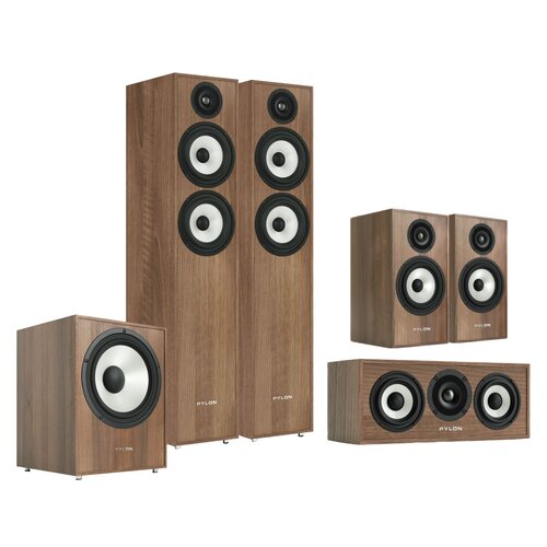 Kolumna głośnikowa PYLON AUDIO Pearl 25 Orzech (2 szt.) + Kolumny głośnikowe PYLON AUDIO Pearl Monitor Orzech (2 szt.) + Głośnik centralny PYLON AUDIO Pearl Center Orzech (1 szt.) + Subwoofer PYLON AUDIO Pearl Sub Orzech