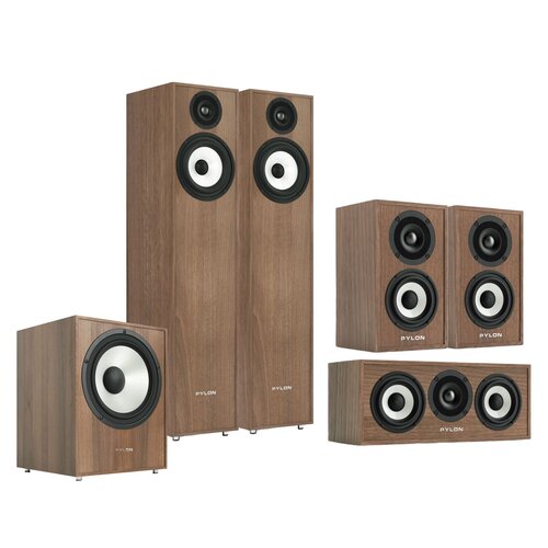 Koluma głośnikowa PYLON AUDIO Pearl 20 Orzech (2 szt.) + Kolumny głośnikowe PYLON AUDIO Pearl Sat Orzech (2 szt.) + Głośnik centralny PYLON AUDIO Pearl Center Orzech (1 szt.) + Subwoofer PYLON AUDIO Pearl Sub Orzech