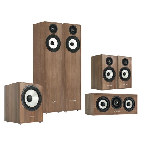 Koluma głośnikowa PYLON AUDIO Pearl 20 Orzech (2 szt.) + Kolumny głośnikowe PYLON AUDIO Pearl Monitor Orzech (2 szt.) + Głośnik centralny PYLON AUDIO Pearl Center Orzech (1 szt.) + Subwoofer PYLON AUDIO Pearl Sub Orzech