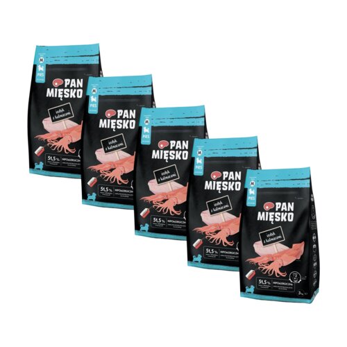 Karma dla psa PAN MIĘSKO Indyk z Kalmarami 5 x 3 kg