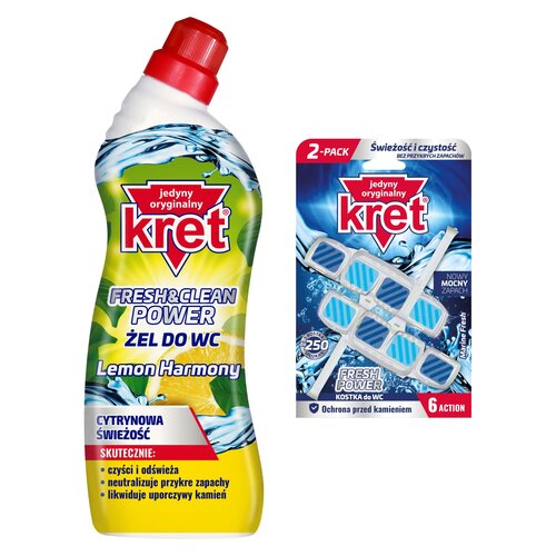 Żel do czyszczenia toalety KRET Fresh&Clean Power Lemon Harmony 750 ml + Kostka do WC KRET Fresh Power Marine Fresh 2x40g