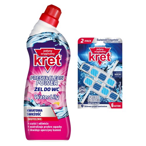 Żel do czyszczenia toalety KRET Fresh&Clean Power Water Lily 750 ml + Kostka do WC KRET Fresh Power Marine Fresh 2x40g