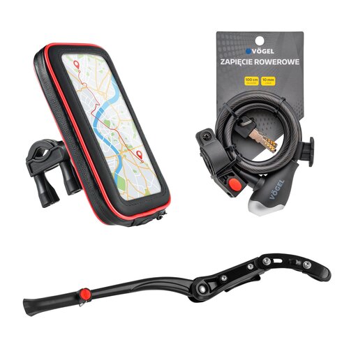 Zapięcie rowerowe VÖGEL VZP103 Linka Czarny + Stopka do roweru VÖGEL VPD-220 + Uchwyt na telefon do roweru VÖGEL VUC301