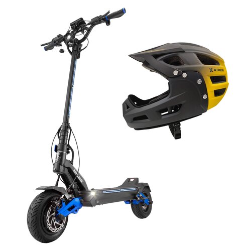 Hulajnoga elektryczna HILEY Tiger 10 V4 LR 90 km 2x1000W Amortyzacja 10" Czarno-niebieski + Kask rowerowy XRIDER XR00FH01 Czarno-żółty MTB (rozmiar L)