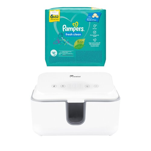 Podgrzewacz do nawilżanych chusteczek 2w1 MOMINI - WarmWipes + Chusteczki nawilżane PAMPERS Fresh Clean (312 szt.)