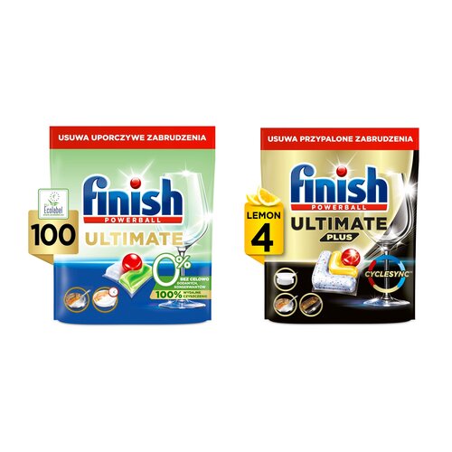 Kapsułki do zmywarki FINISH Ultimate 0% - 100 szt. + Kapsułki do zmywarek FINISH Powerball Ultimate Plus All In 1 Lemon - 4 szt.