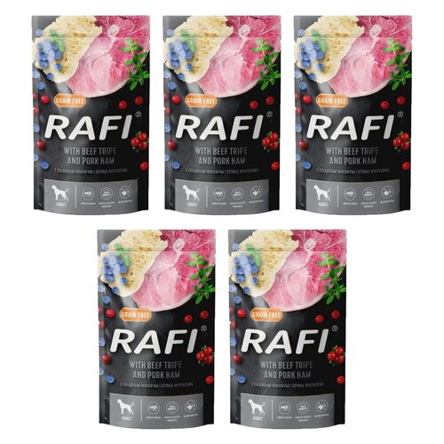 Karma dla psa RAFI z żołądkami wołowymi, szynką wieprzową z borówką i żurawiną 5 x 500 g