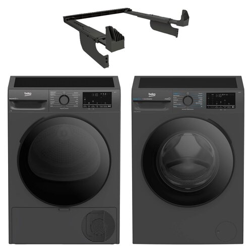 Suszarka slim BEKO b300 XBM3T47249M z pompą ciepła 7kg EcoGentle Prosmart + Pralka BEKO b300 XBM3WFU47215M EnergySpin SteamCure kl.A 7kg 1200 obr. + Łącznik BEKO Manhattan Gray Slim