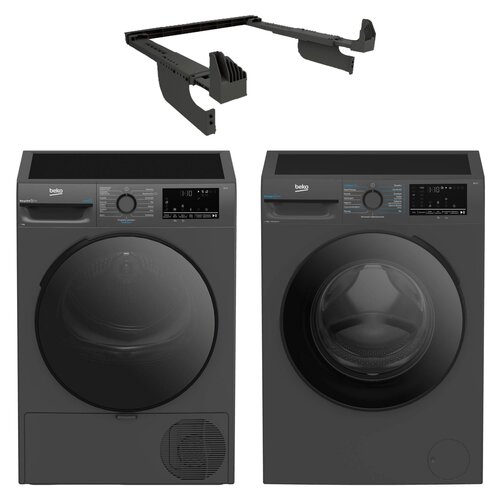 Suszarka BEKO b300 XBM3T49249M z pompą ciepła 9kg EcoGentle Prosmart + Pralka BEKO b300 XBM3WFU49415M EnergySpin SteamCure kl.A 9kg 1400 obr. + Łącznik BEKO Psk Manhattan Gray N