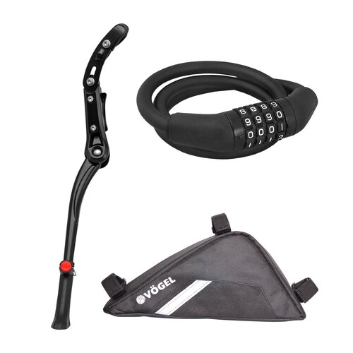 Torba rowerowa na ramę VÖGEL Trójkątna + Zapięcie rowerowe VÖGEL VZP-008B Linka Czarny + Stopka do roweru VÖGEL VPD-220