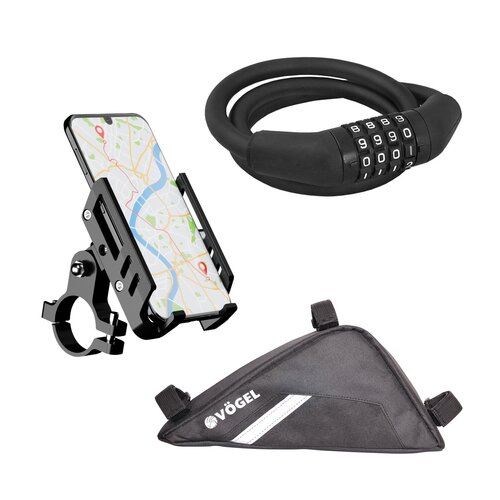 Torba rowerowa na ramę VÖGEL Trójkątna + Zapięcie rowerowe VÖGEL VZP-008B Linka Czarny + Uchwyt na telefon do roweru VÖGEL VUC601