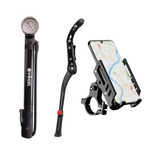 Pompka rowerowa VÖGEL Mini z manometrem VPO-42419 + Stopka do roweru VÖGEL VPD-220 + Uchwyt na telefon do roweru VÖGEL VUC601