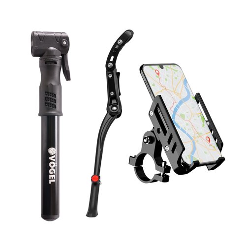 Pompka rowerowa VÖGEL Mini z przedłużką VPO-42421 + Stopka do roweru VÖGEL VPD-220 + Uchwyt na telefon do roweru VÖGEL VUC601