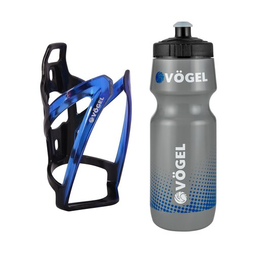 Koszyk na bidon VÖGEL UB-42428 Niebieski + Bidon VÖGEL VBD-705 700ml Szaro-czarny