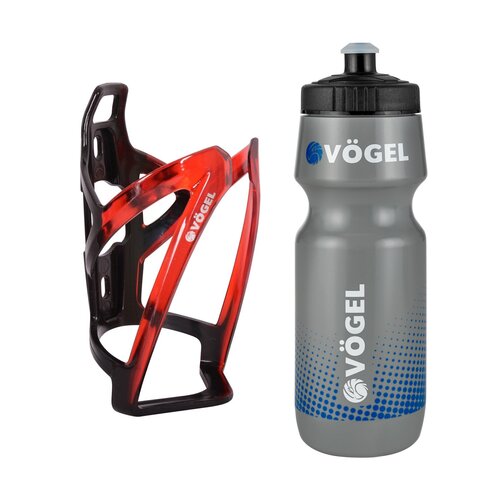 Koszyk na bidon VÖGEL UB-42429 Czerwony + Bidon VÖGEL VBD-705 700ml Szaro-czarny