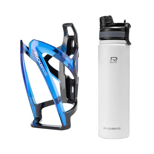 Koszyk na bidon ROCKBROS FK338 31210007003 Czarno-niebieski + Bidon ROCKBROS 35210029006 620 ml Biały