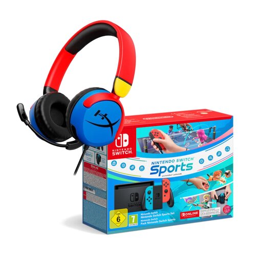 Konsola NINTENDO Switch Neon + Nintendo Switch Sports Gra NINTENDO SWITCH + NINTENDO Switch Online 12 miesięcy + Słuchawki HYPERX Cloud Mini Nauszne Wielokolorowy