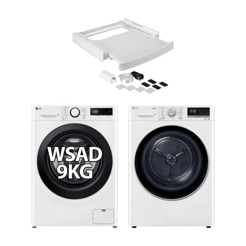 Pralka LG MF4W90506W 9kg 1400rpm AI DD SteamSpa + Suszarka LG MRC90V9AV3N Z pompą ciepła 9kg Klasa energetyczna C Auto Cleaning Condenser Smart ThinQ + Łącznik uniwersalny WPRO SKS101 z wysuwaną półką