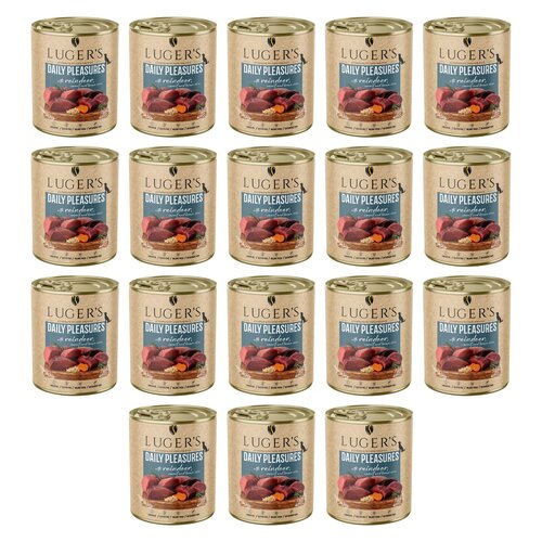 Karma dla psa LUGER'S Daily Pleasures z reniferem, marchewką i brązowym ryżem 18 x 800 g